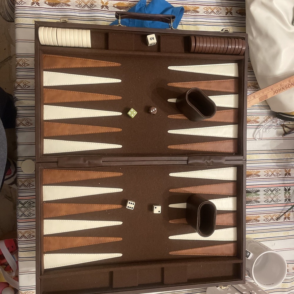 Vintage Backgammon Set - Brown Faux‎ Leather Brief Case w/Felt Interior